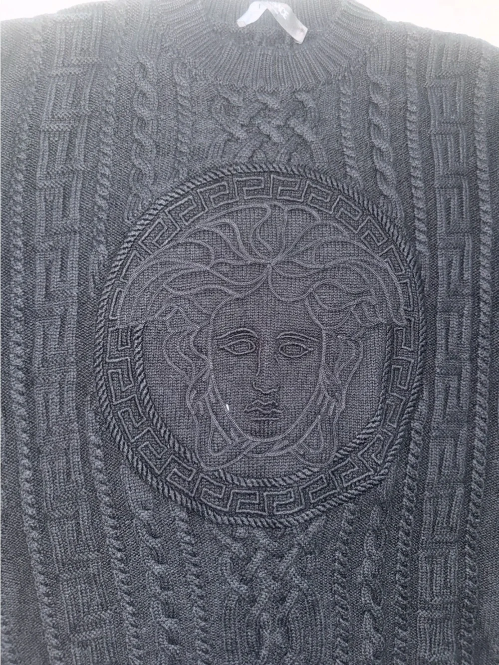 Versace Black Cable-Knit wool Medusa Embossed Crewneck Sweater